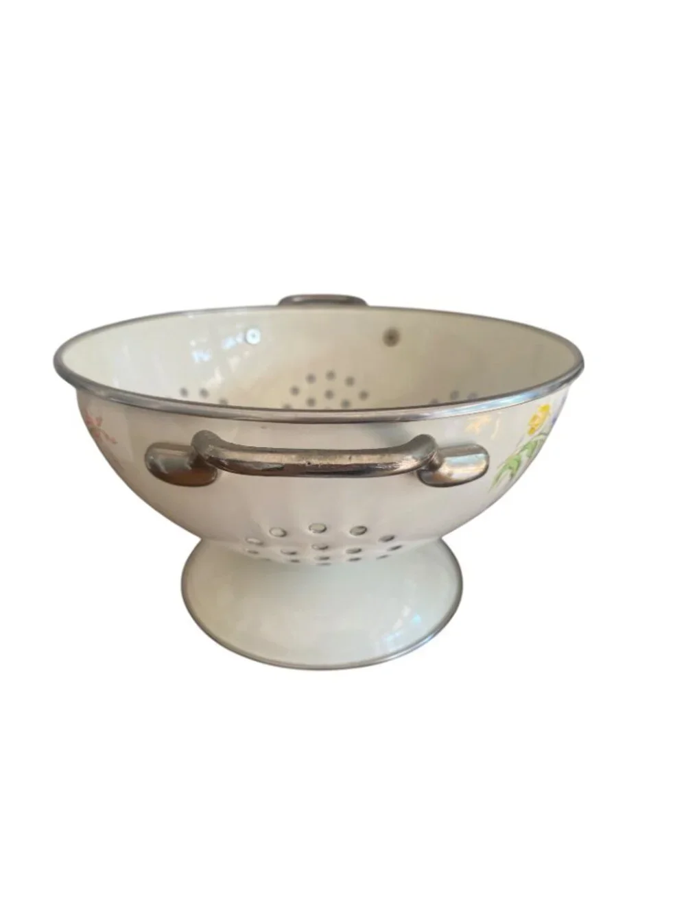 Vintage Kobe Enamelware Floral Colander Footed Enamel Strainer